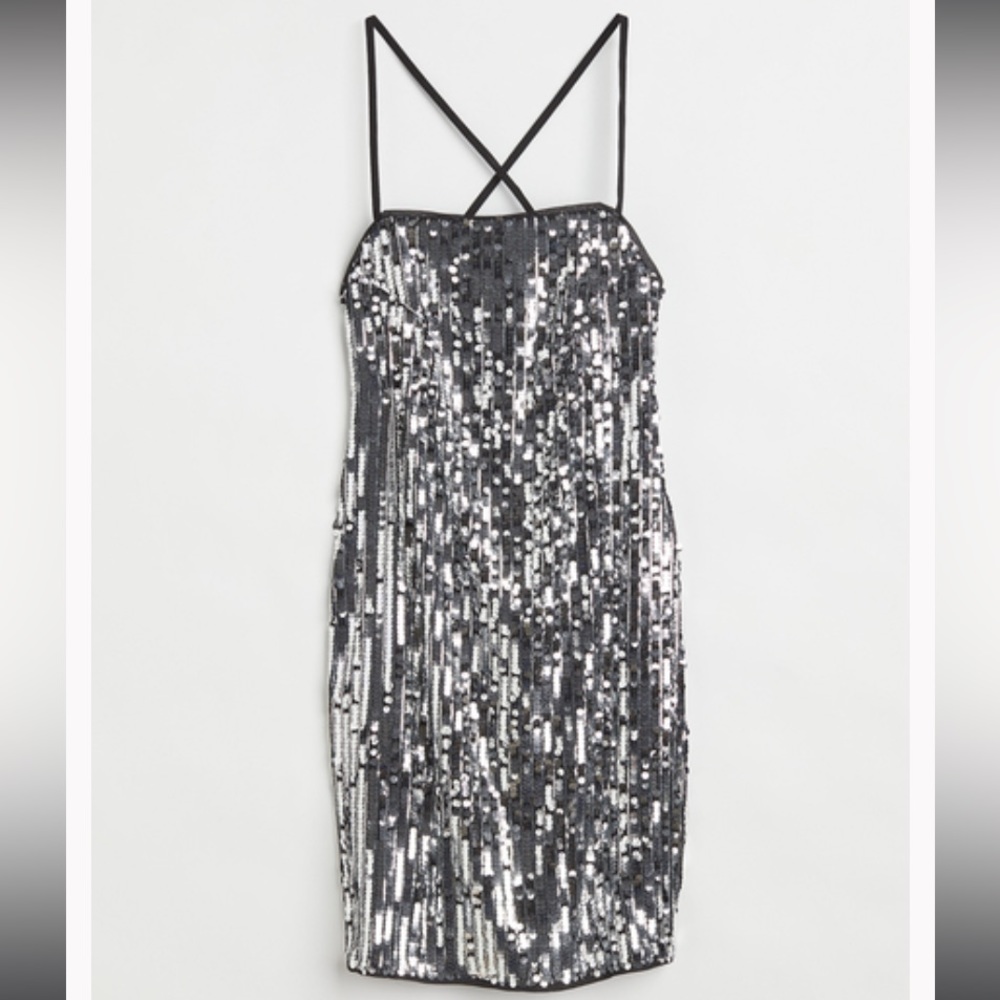 NWT H&M silver sequined mini dress with open back. Size:M. New with tags.